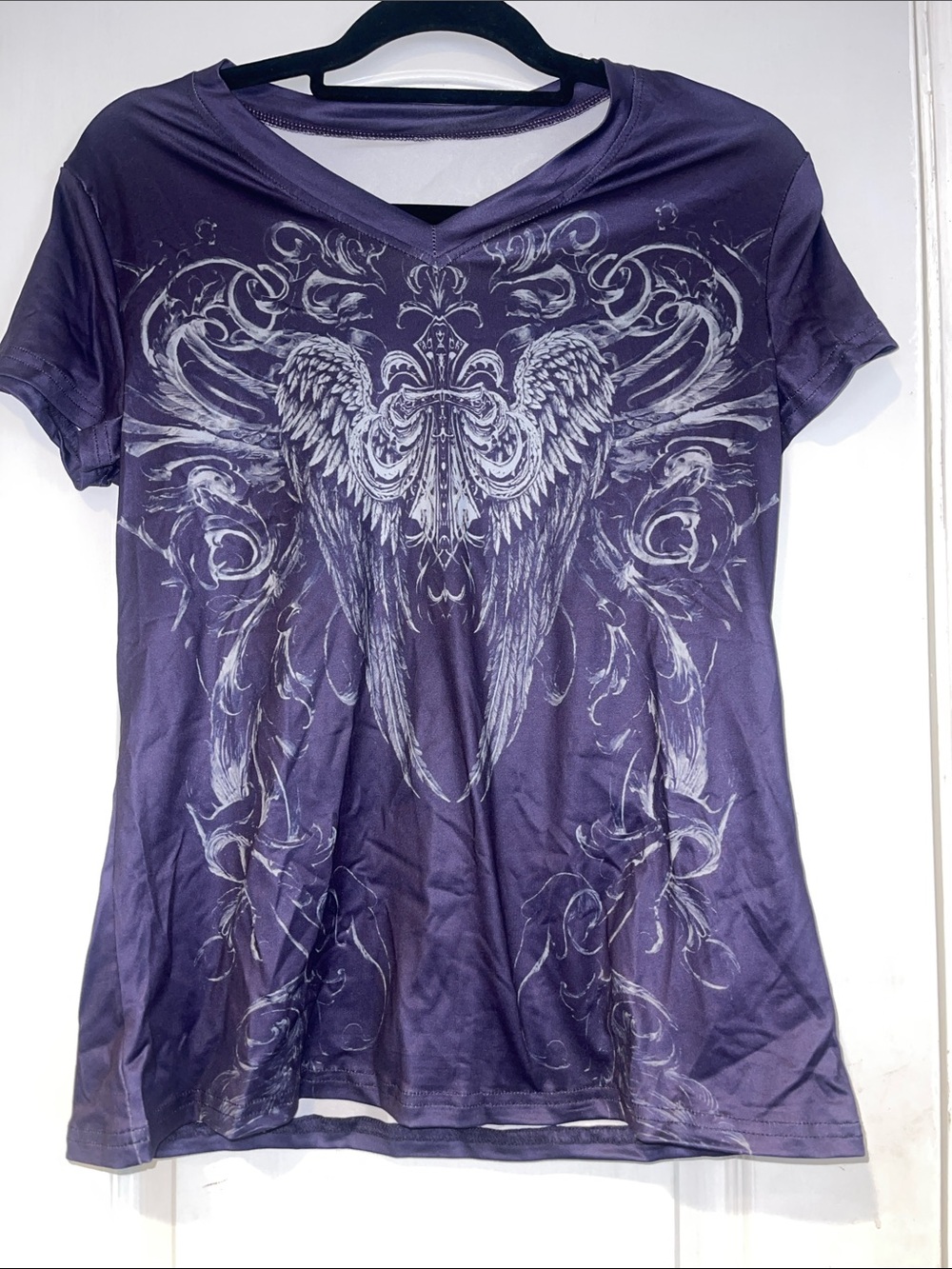SHEIN Purple V-Neck Tee with Silver Angel Wing Graphic